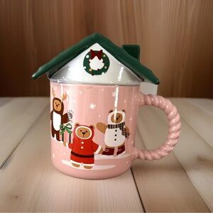 Starbucks Holiday Christmas Pink Green Bearista House Roof Lid Ceramic Mug 14oz
